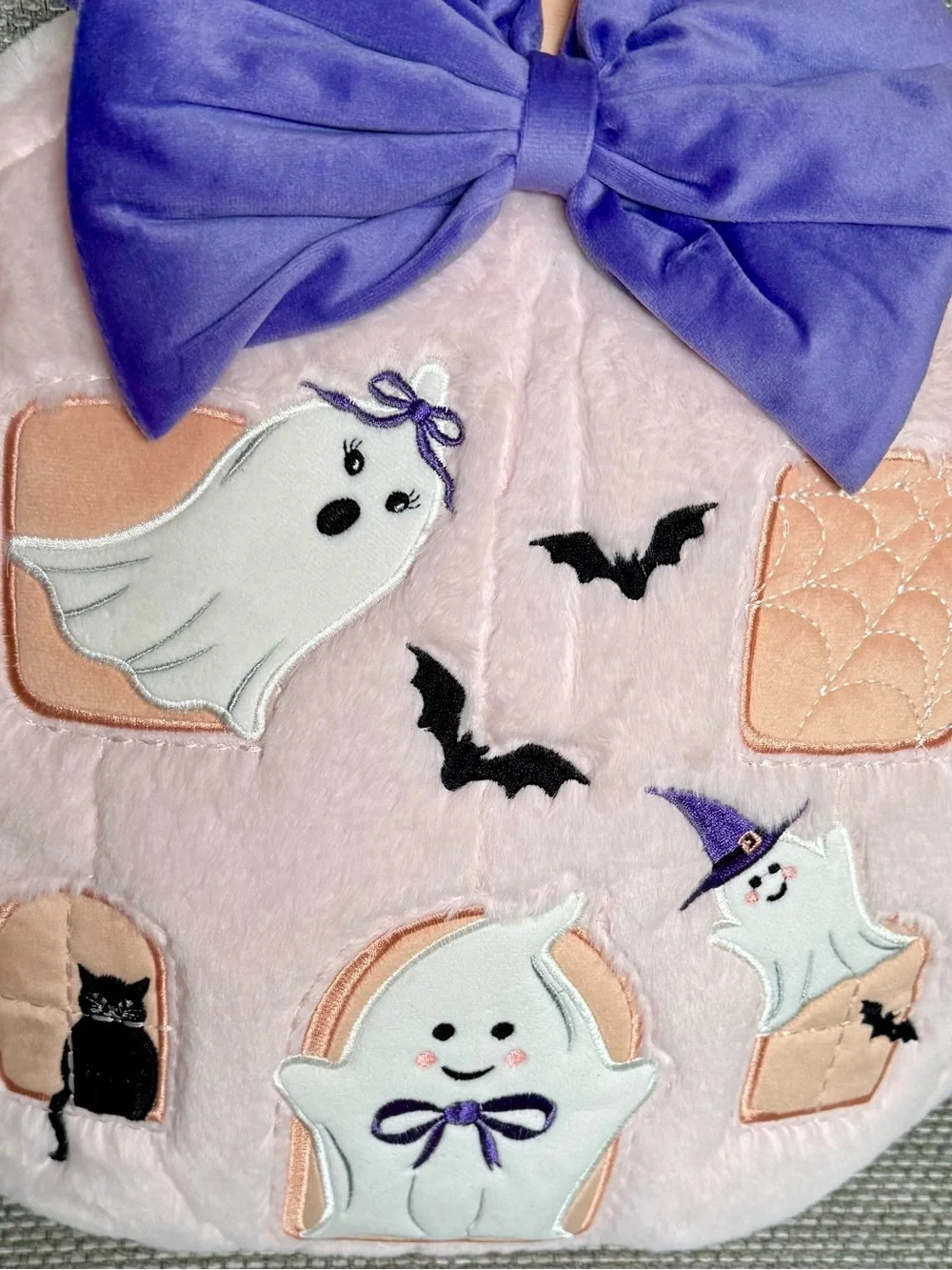 Halloween 🎃 🦇 👻 Pink Plush Pumpkin Pillow Embroidered w/ Ghosts, Bats, Black Cat